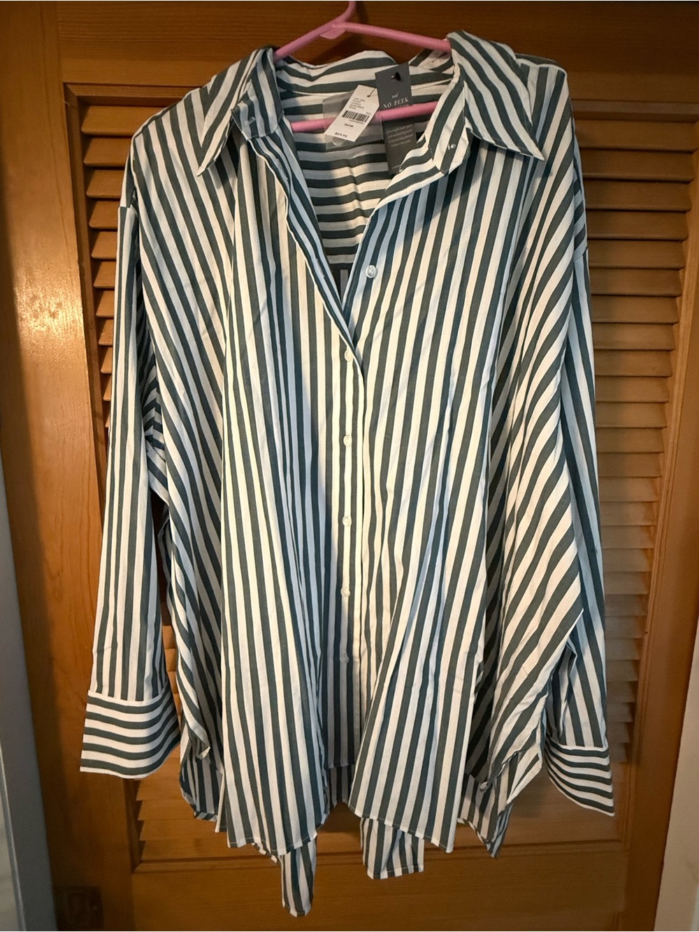 Lane Bryant Green and White Striped Button-Down Shirt